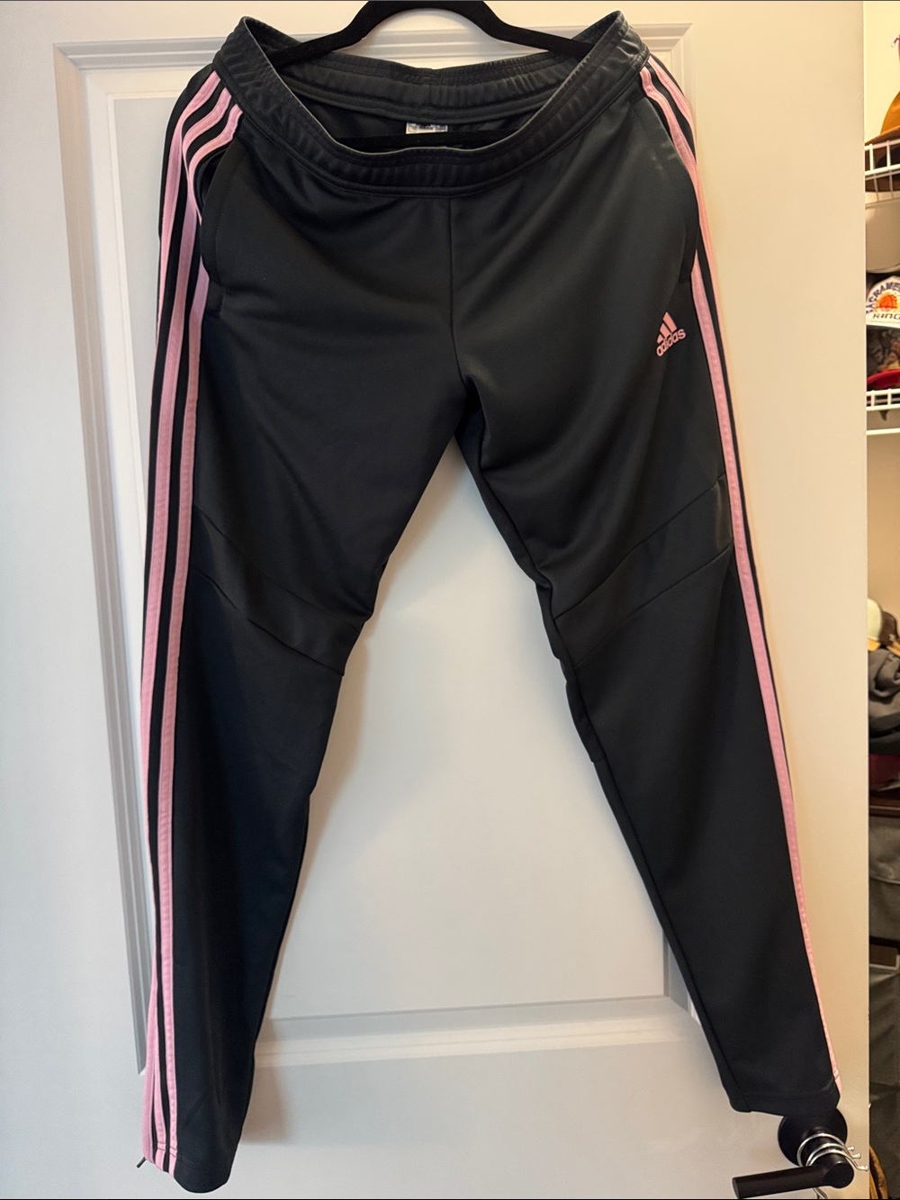 adidas mens Black Joggers with Pink Side Stripes